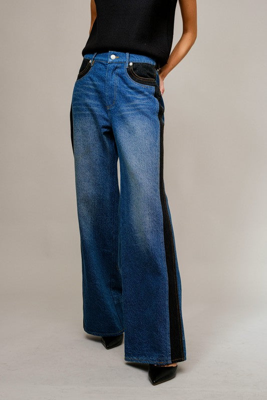 Western Two Tone Panel Wide Denim Jeans