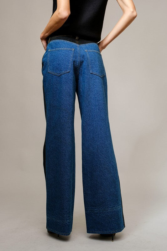 Western Two Tone Panel Wide Denim Jeans