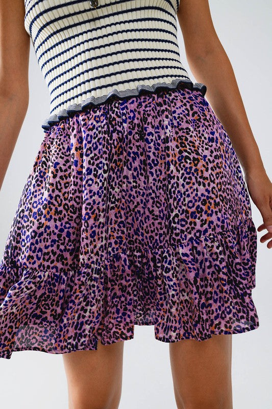 krystal Animal Print Purple Mini Skirt With Ruffle