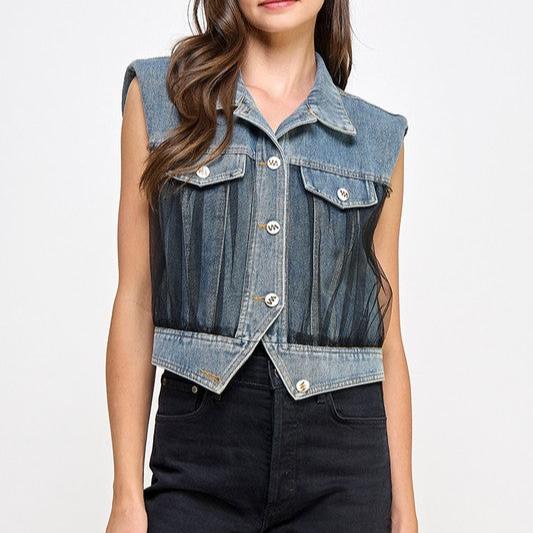 MESH  BUTTON DOWN DENIM VEST TOP