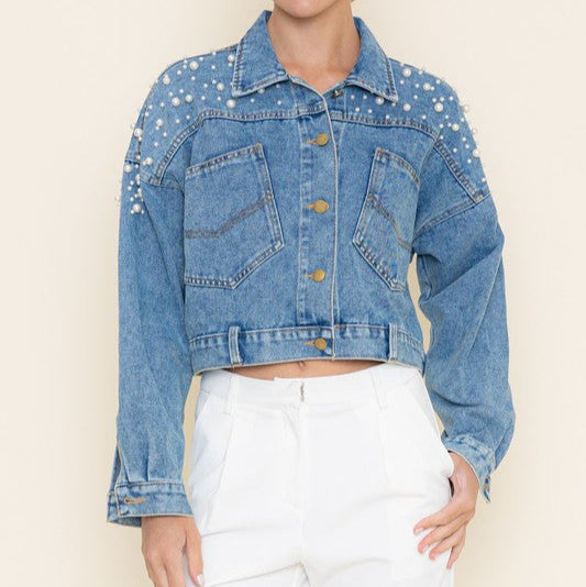 Chic Pearl Shoudler Denim Jean Cropped Jacket