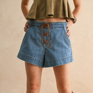 KATIA Suede Lace Up Front Denim Shorts