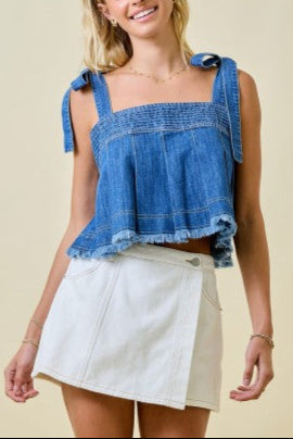 Pleated Denim Crop Top With Tie Straps