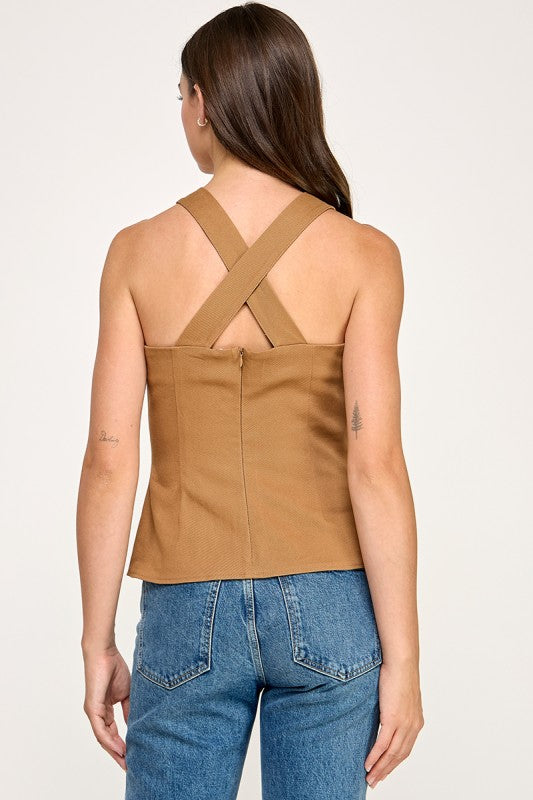 Button Detail Cross Back Zipper Top