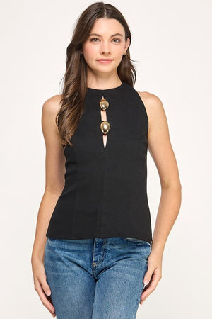 Button Detail Cross Back Zipper Top