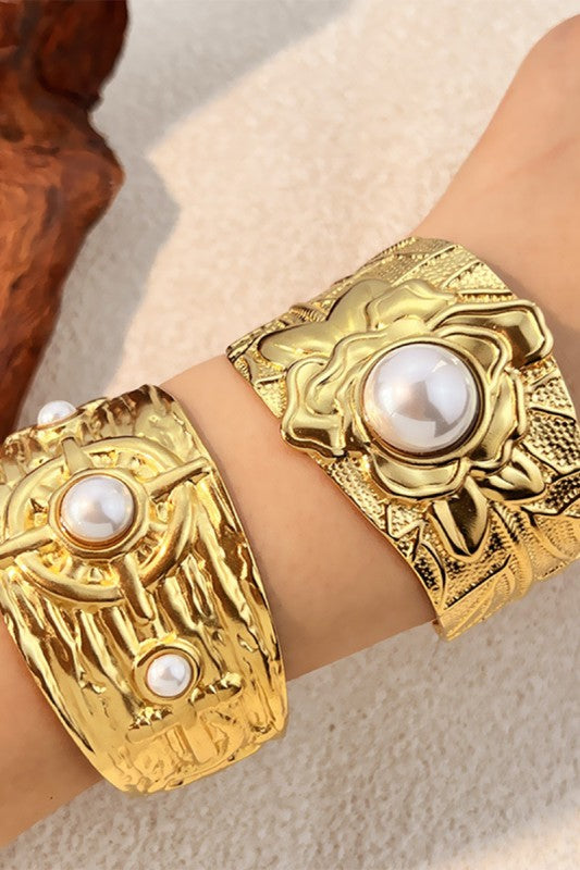 Stainless Steel Wide Pearl Bangle