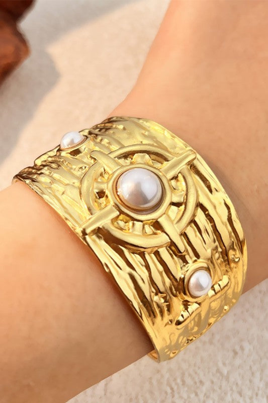 Stainless Steel Wide Pearl Bangle