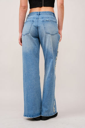 Pearl Embellished Cut Out Sides Jeans