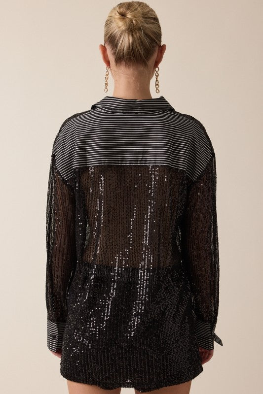 Sequin&stripe Collared Party Shirt top