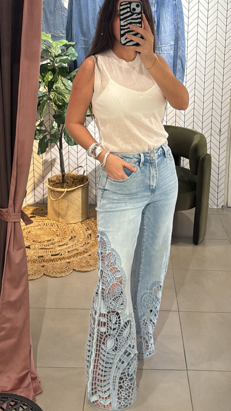 HIGH RISE LACE WIDE LEG JEANS