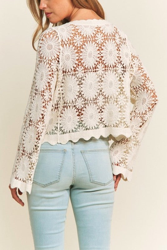 Andrea Scallop Lace Floral Crochet Button Down Top