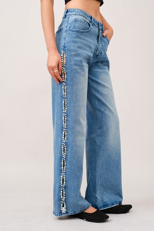 Pearl Embellished Cut Out Sides Jeans