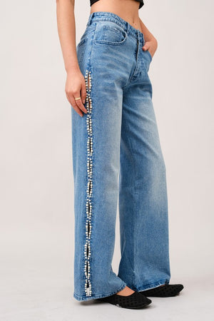 Pearl Embellished Cut Out Sides Jeans