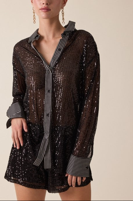 Sequin&stripe Collared Party Shirt top