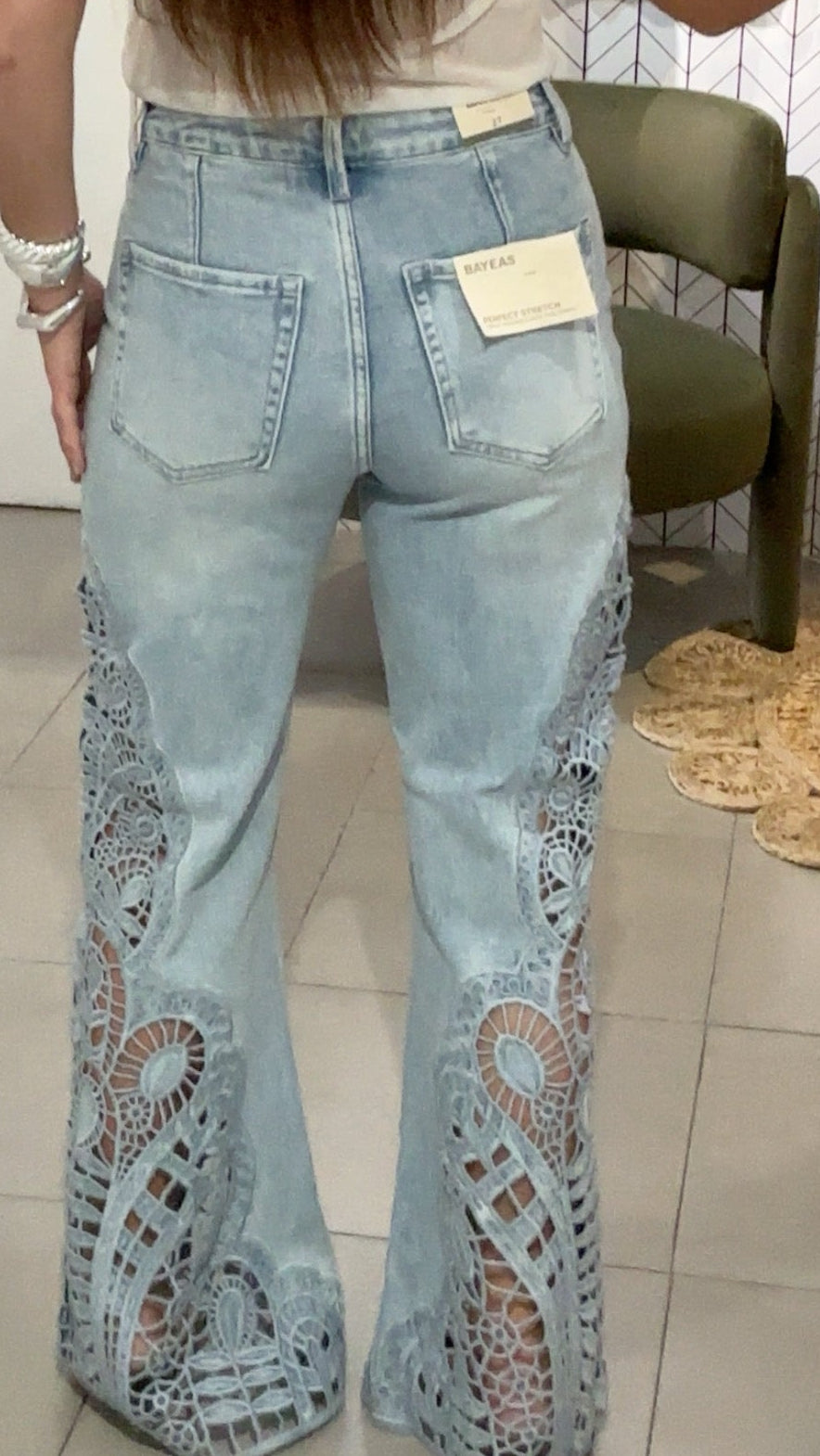 HIGH RISE LACE WIDE LEG JEANS