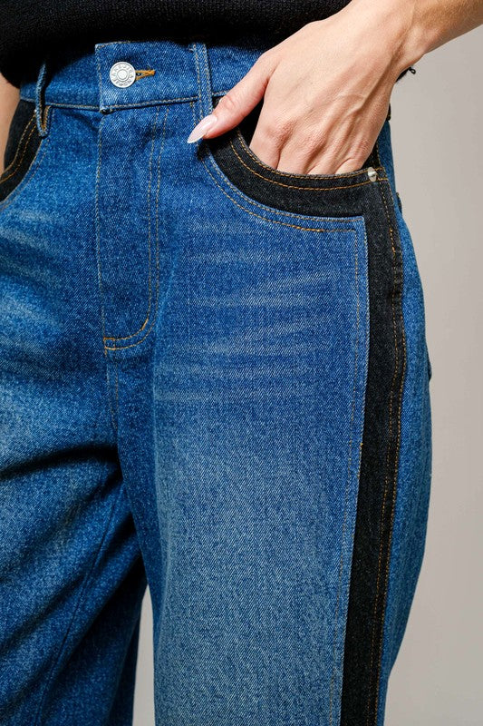 Western Two Tone Panel Wide Denim Jeans