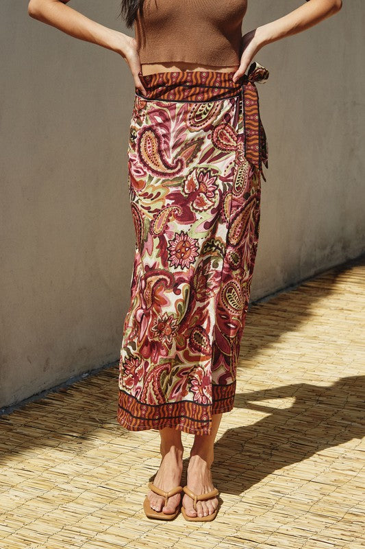 Lotus Border Print Midi Wrap Skirt