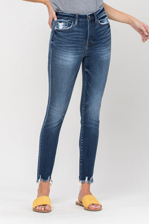 HIGH RISE DISTRESSED FRAY HEM ANKLE SKINNY JEAN